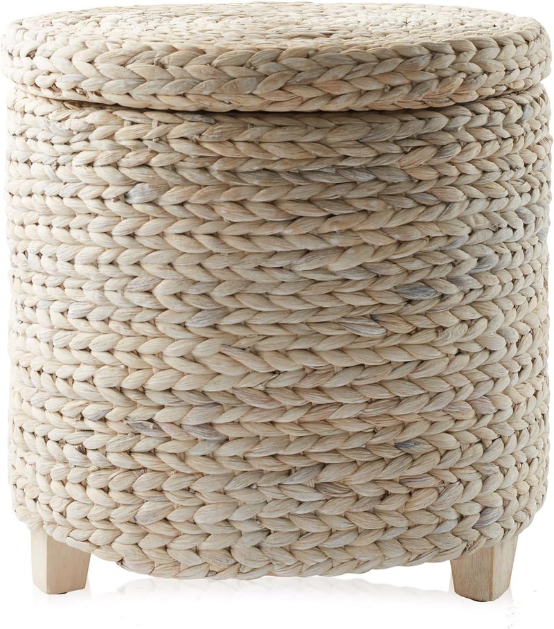 Casafield 17" Round Storage Ottoman with Lid - Whitewash, Handwoven Water Hyacinth Footstool for Living Room, Bedroom, Bathroom, Home Office - Image 4